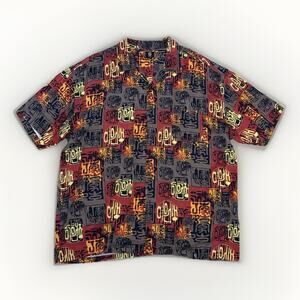 Vintage Guess Jeans Shirt Mens 2XL Red Brown Rayon Abstract Print Button 90s